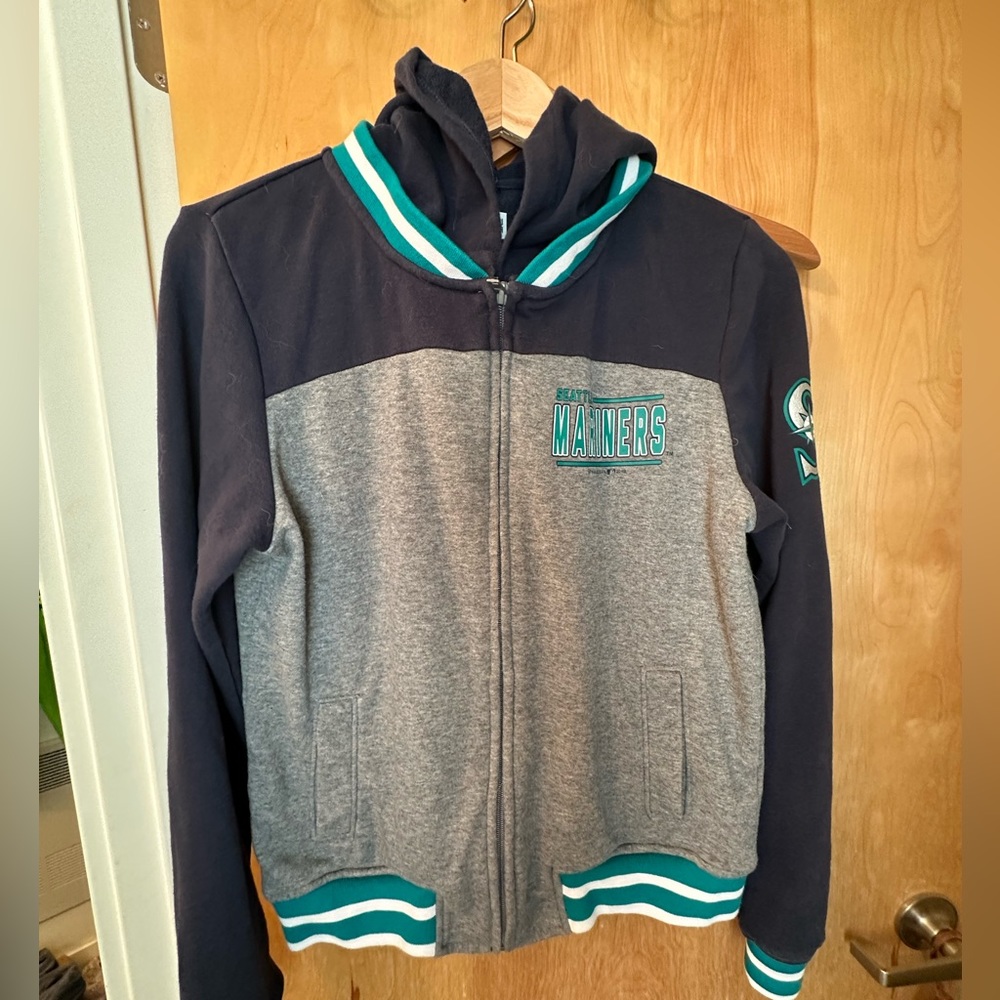 Mariners gray w/dark blue and aqua green trim lightweight full-zipped hoodie.